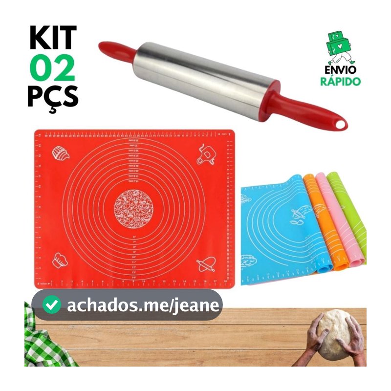 Kit 2 PeçasTapete Culinária De Silicone Antiaderente de Abrir Massas + Rolo De Massa Giratório Inox