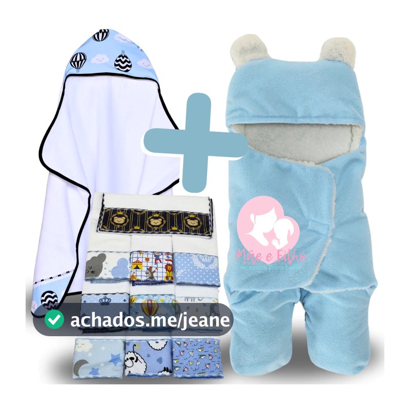 Kit Toalha de Banho Bebe + Saco de Dormir com Orelhas + 6 Toalhas de Ombro Felpuda Atoalhada