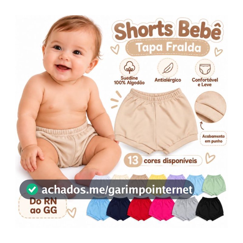 Shorts Bebê Tapa Fralda em Suedine Enxoval Maternidade