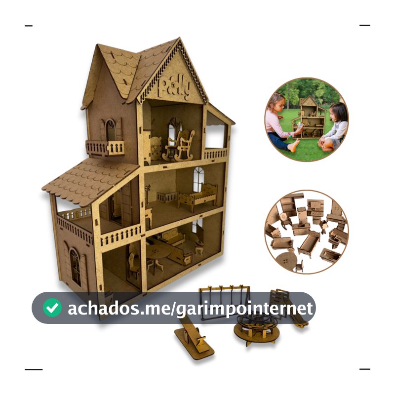 Casa de Boneca mdf 45x15cm com 18 pequenos moveis e parquinho - Casa Infantil para Bonecas
