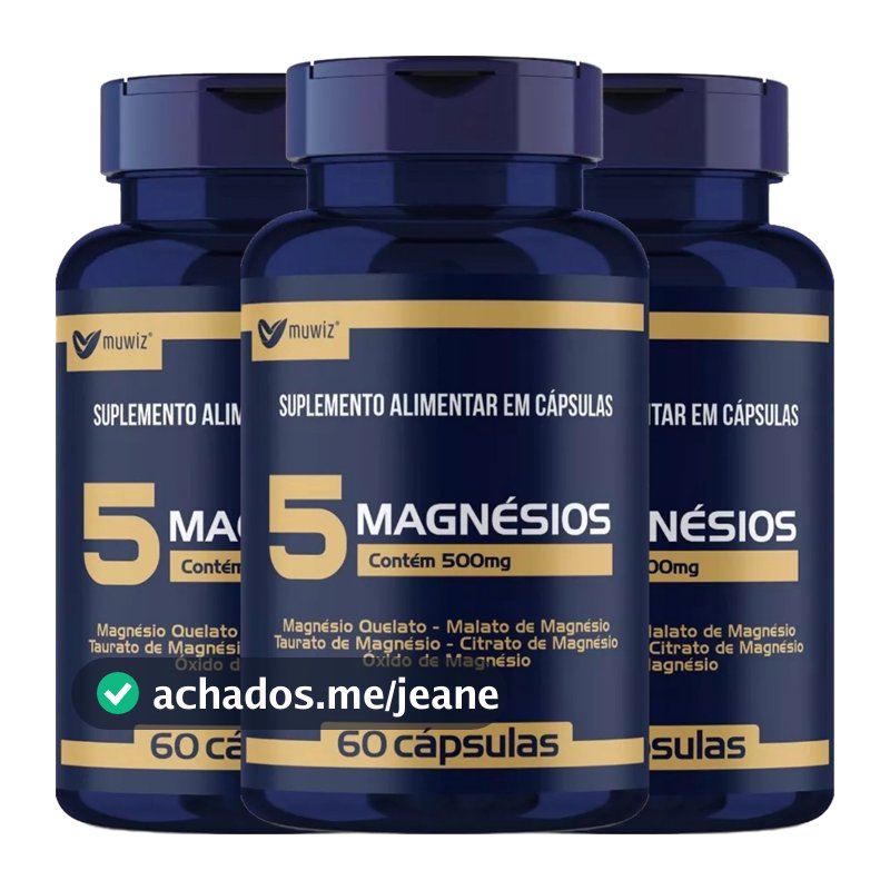 KIT 3x 5 Magnésios ( Quelato + Malato + Taurato + Citrato + Óxido ) 60 Cápsulas 500mg - Muwiz