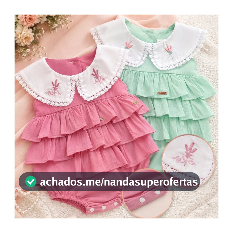 Body infantil para bebe bordado com gola e babados confortavel e charmoso bory para menina