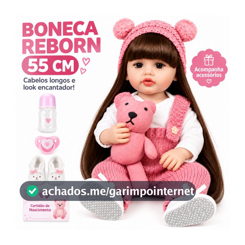 Boneca Reborn de 55cm, silicone macio, realista e encantadora. Perfeita para brincar ou colecionar.