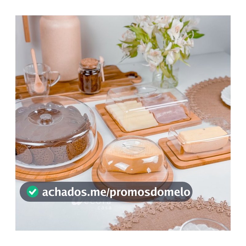 Kit Café da Manhã  4 peças Bambu: Boleira + Manteigueira + Porta Frios Bambu + Queijo