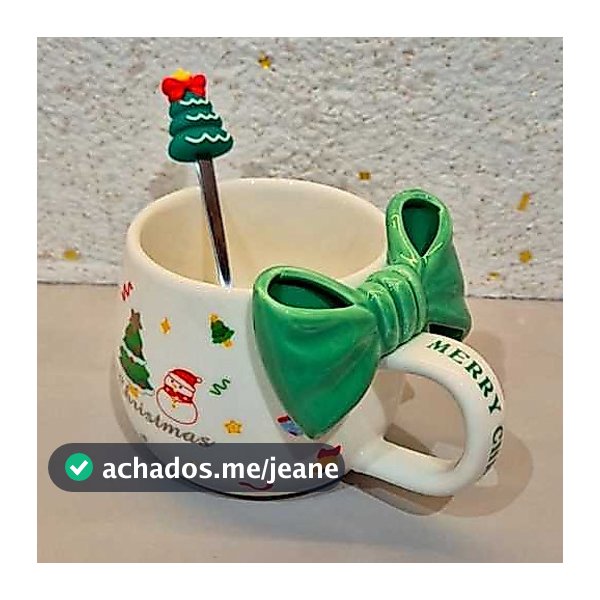 Caneca 3D Laço Natal Noel Mesa Posta Decoração C/ Colher Cerâmica 400ml