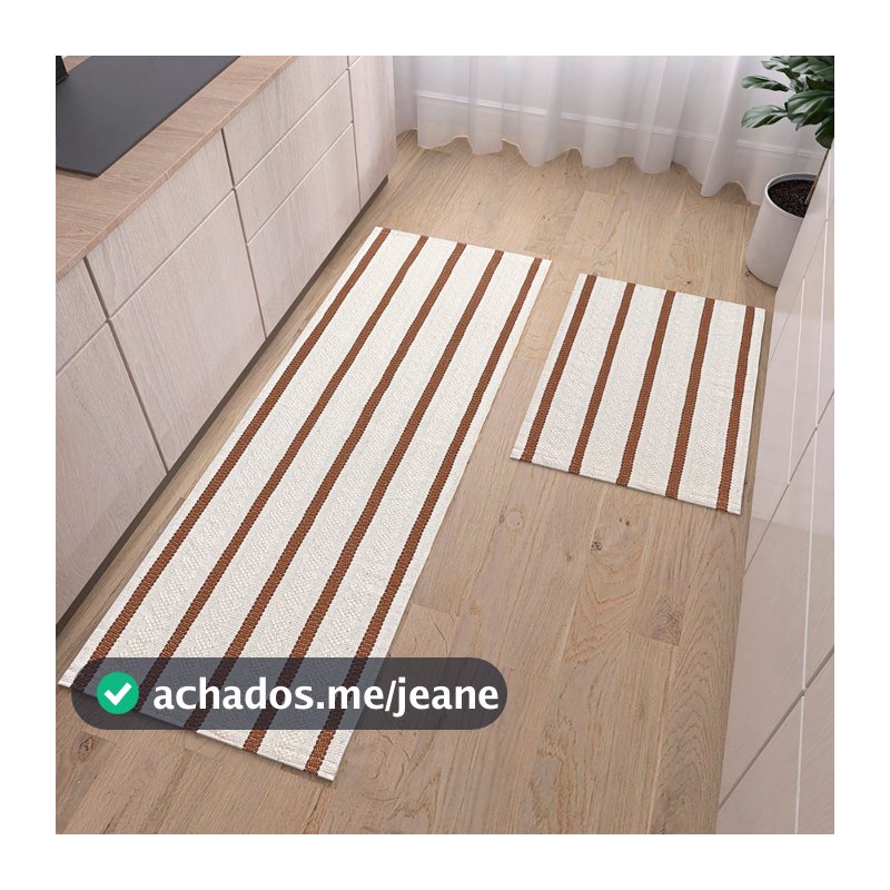 Tapete Cozinha 2 peças 100% Algodão Lavável Kit Passadeira Listrada Decoração Bege Cru Preto