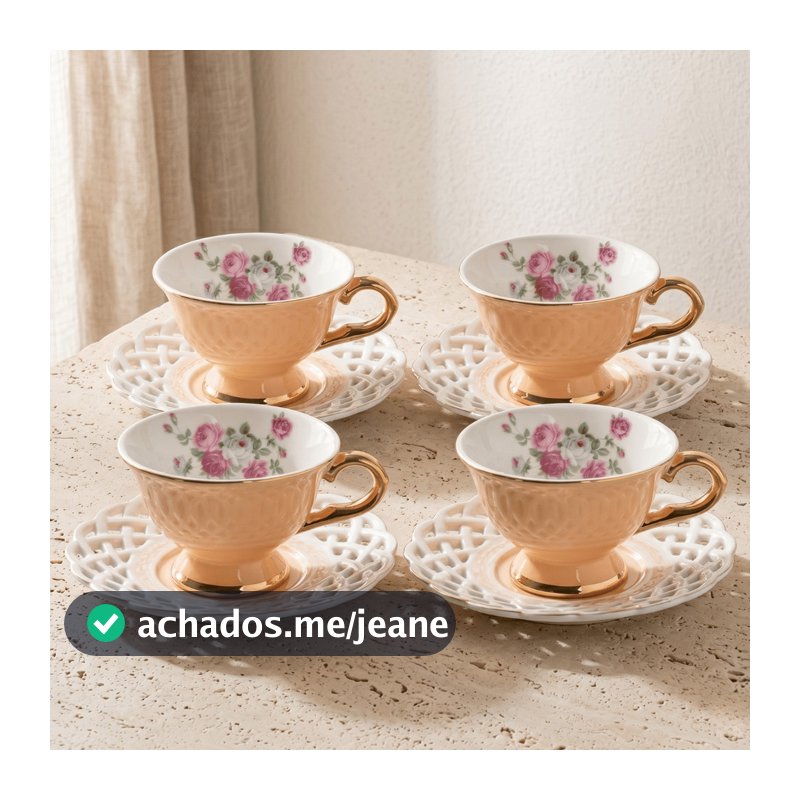 Jogo 4 Xicaras Pires Cafe em Porcelana Fina New Bone Rosas Floral Pires Vazado Filete Ouro Luxo 90ml