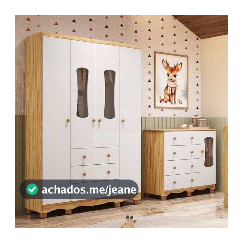 Quarto Infantil com Guarda-Roupa 4 Portas e Cômoda com Janelas 100% MDF Lana Espresso Móveis Branco/ Branco