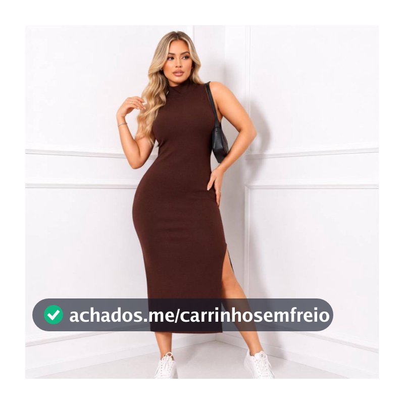 Vestido Midi Regata Gola Alta Com Fenda Abertura Lateral Canelado Feminino Blogueira Verão