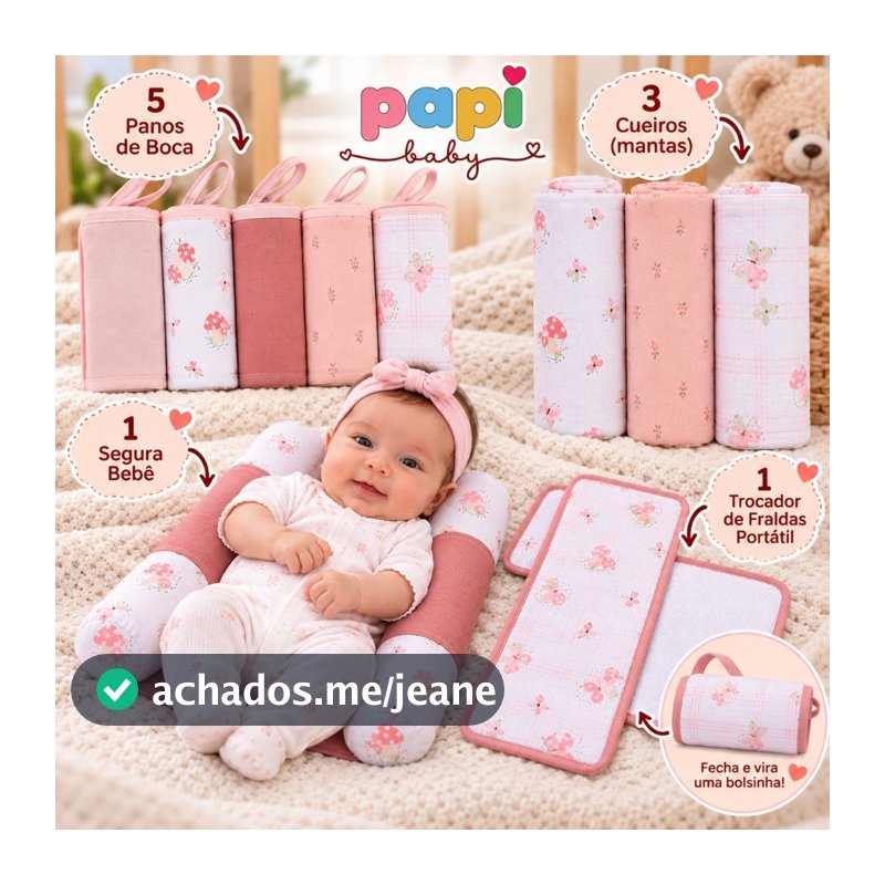 Kit Enxoval Bebê Papi Menino 10 Peças – 5 Panos de Boca, 3 Cueiros , 1 Trocador de Fraldas Portátil e 1 Segura Bebê