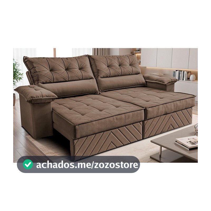Sofá Retrátil e Reclinável 2,10m com Molas e Espuma D33 Thunder. Velusoft Cama inBox