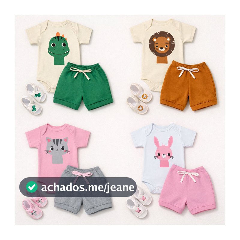 Kit Bebê Fofo 3 Peças Body Shorts e Sandália Bichinho