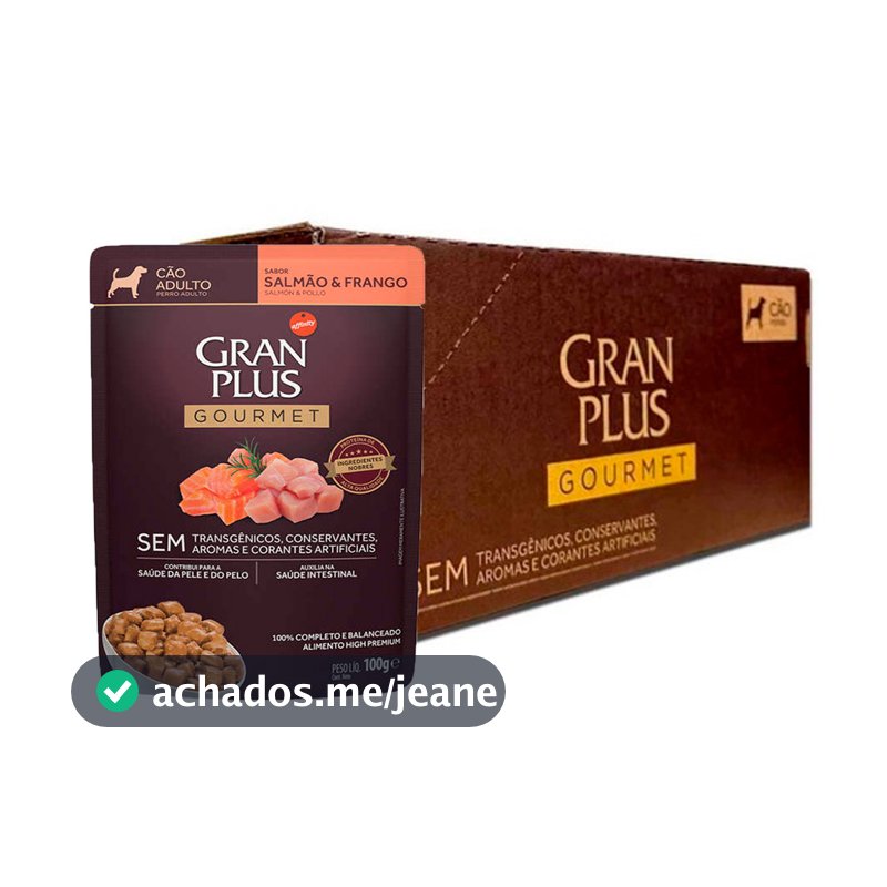 Caixa 18un Ração Úmida Sachê GranPlus Gourmet Cães Adultos Salmão e Frango 100g