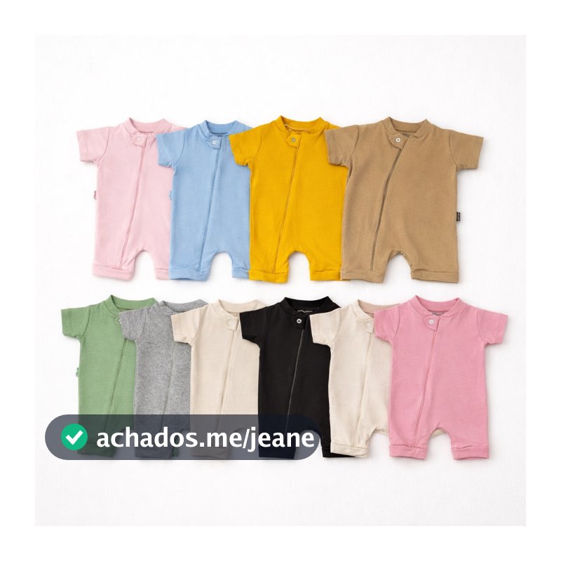 Macacão Curto com Zíper Bebe Romper Suedine 100% Algodão Verão Enxoval de Bebe Macacão de Bebe