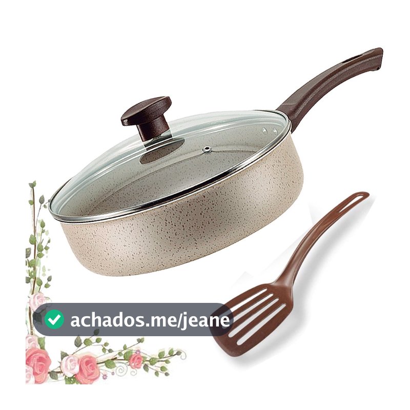 Frigideira Alta Antiaderente Com Tampa De Vidro e Espátula 24Cm Grande Teflon Cor Branco marrom Crema Alumínio Grosso