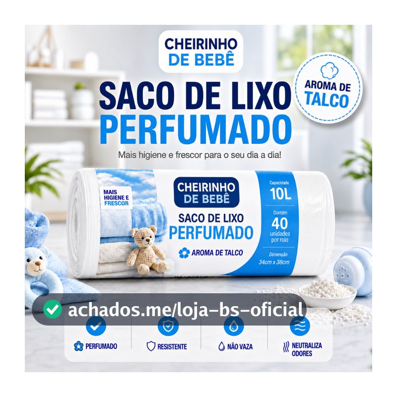 Saco de Lixo Perfumado Aroma Talco 10L 40 Sacos 34x38cm Pia Banheiro Anti Odor Mau Cheiro Resistente