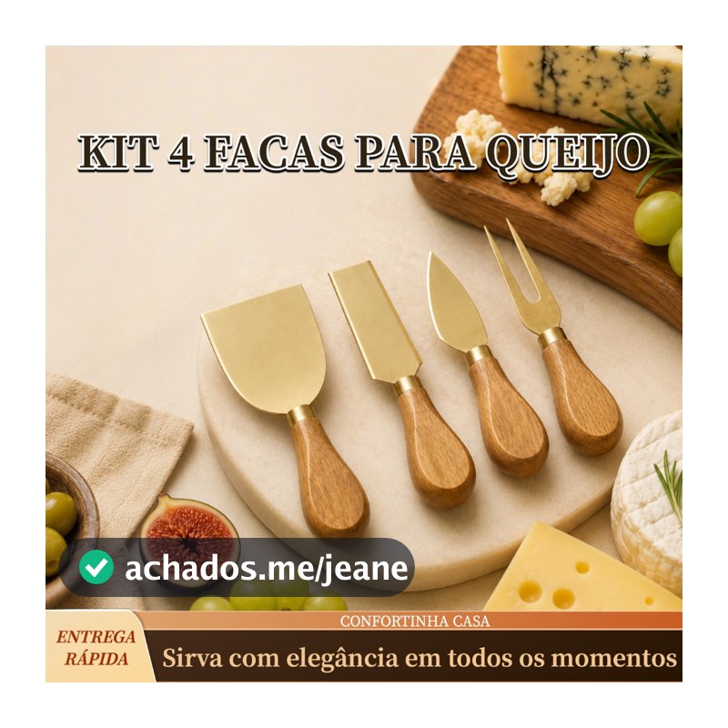Kit 4 Facas Para Queijo Douradas Cabo Madeira Tábua Frios Aperitivos