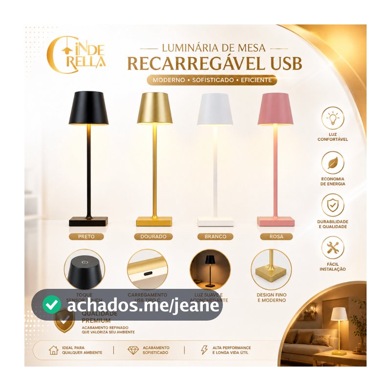 Luminária de Mesa Abajur  Recarregável USB Tipo C com 3 Tonalidades – Design Moderno