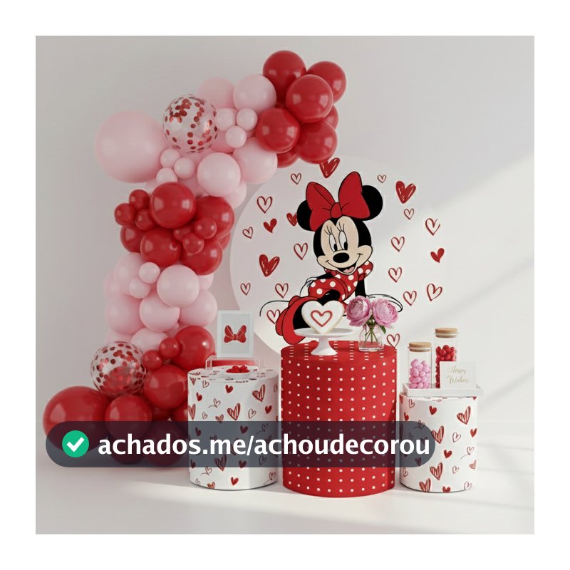 Kit Capa Painel + Trio de Cilindros Decorados Tema Minie Vermelha Festa Infantil Lançamento Bibi