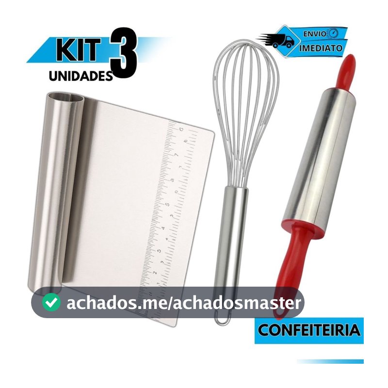 Kit Confeitaria Fouet Batedor Ovos Rolo de Massa Espátula Reta Raspadora Cozinha