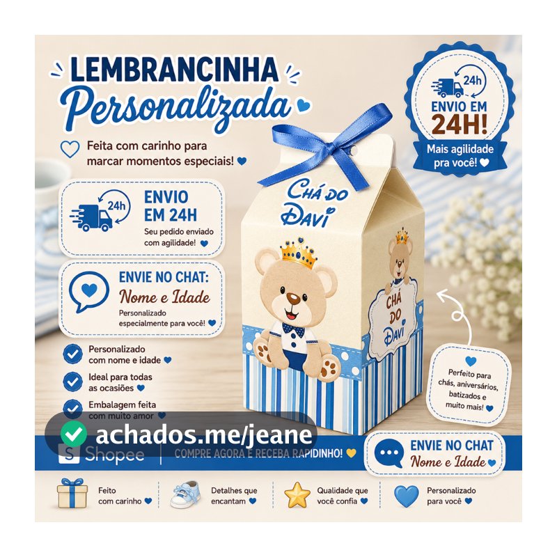 Kit Caixinhas Milk Personalizada Festa CHÁ DE BEBÊ URSINHO REALEZA