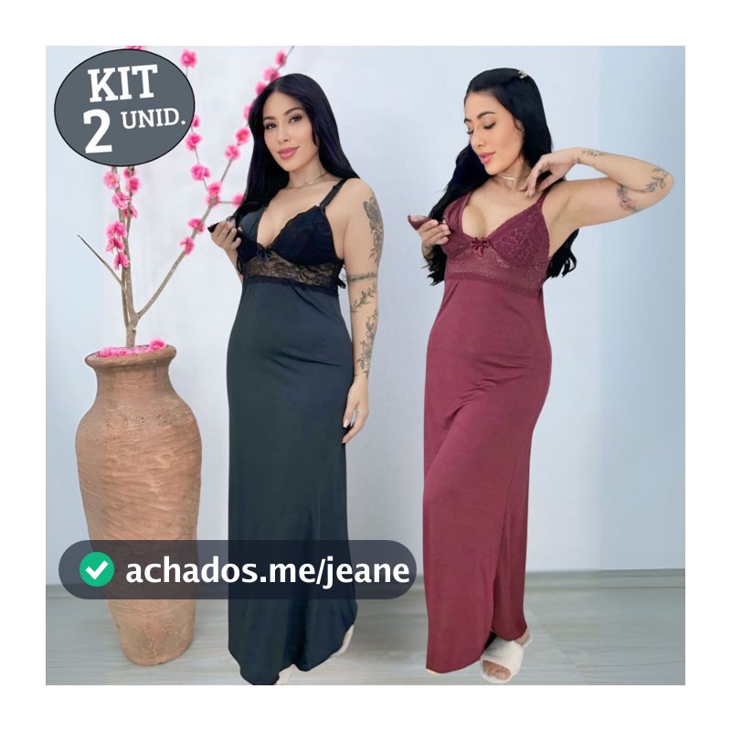 KIT 02 Camisolas Amamentação LONGA Luxo com Detalhe em Renda em Microfibra e Abertura em Click.