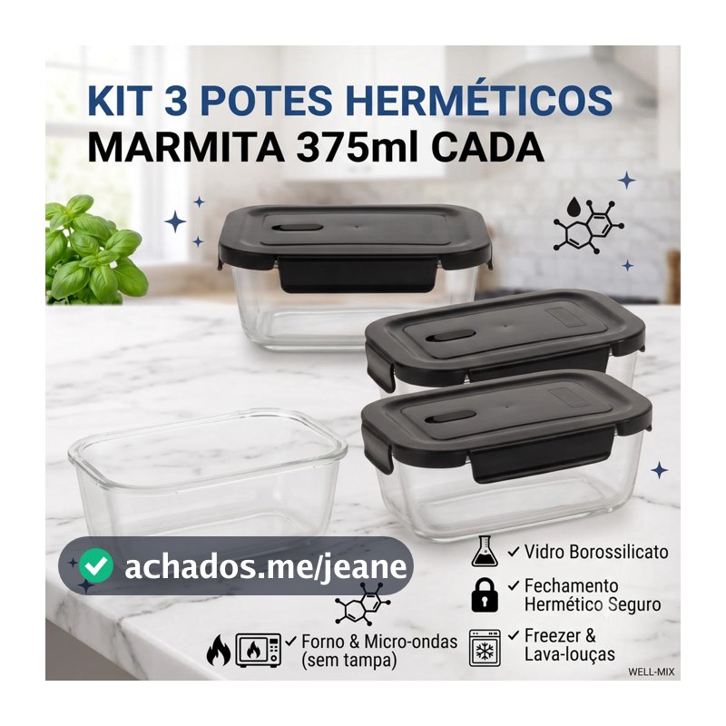 Conjunto 3 Potes De Vidro Marmita Hermético 375ml Geladeira Freezer Marmitinha
