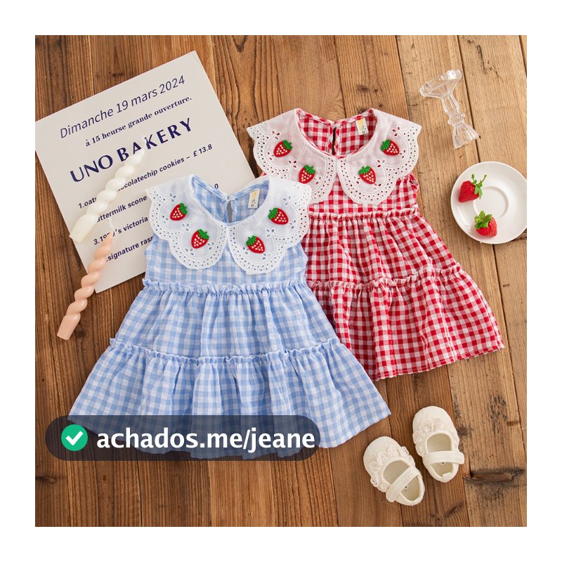 Vestido De Menina Com Gola De Morango Doce , Verão Novo Pequeno Xadrez Roupas Sem Mangas Para Crianças Adequadas Bebês D
