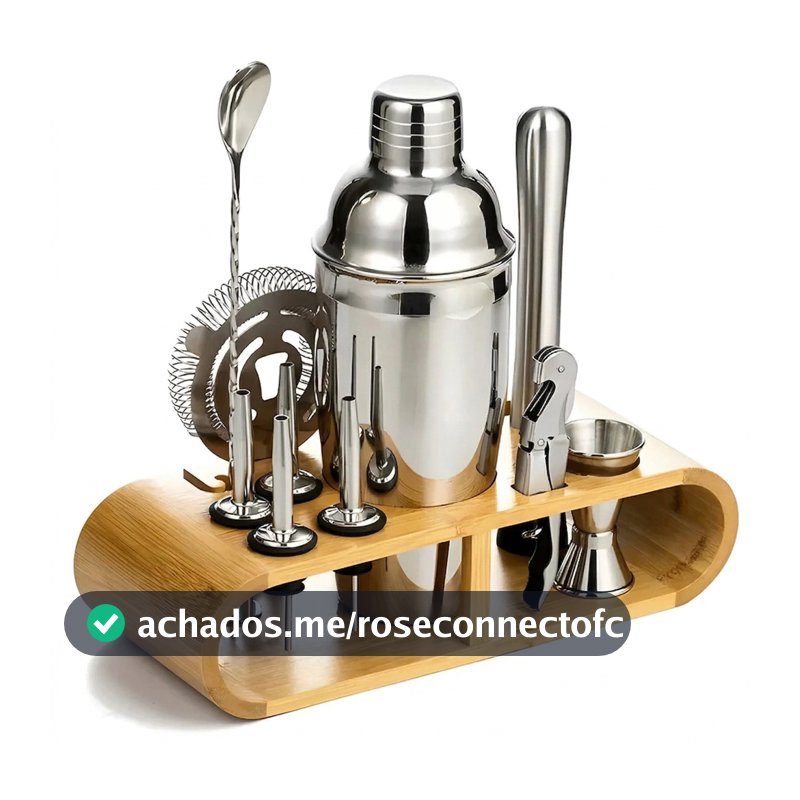 Kit Barman Luxo 12 Peças – Aço Inox Premium com Base em Madeira LUWAVE