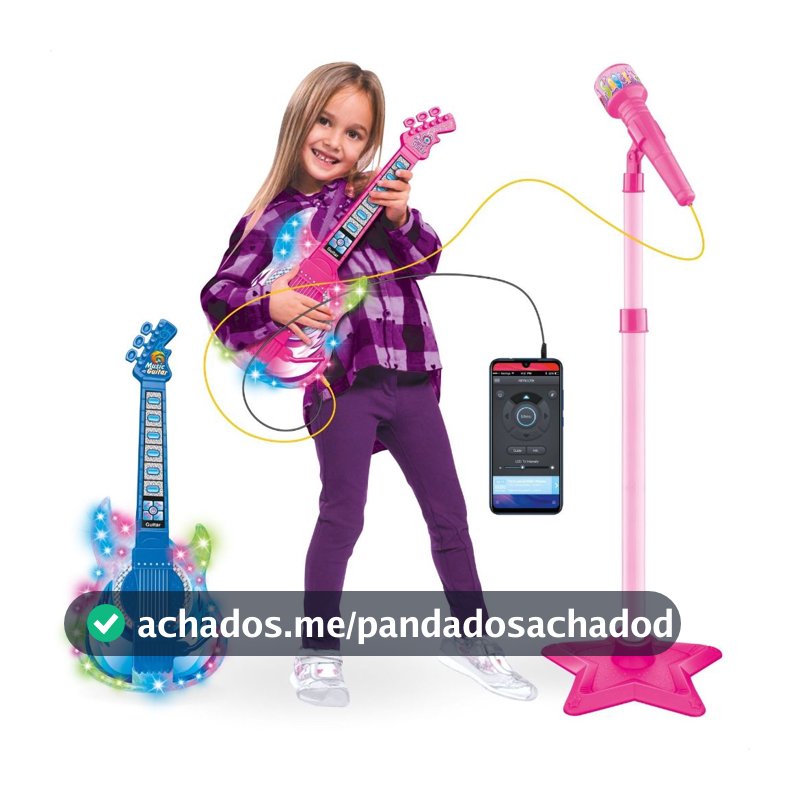 Guitarra e Microfone Infantil Instrumento Brinquedo Musical com Luz e Som