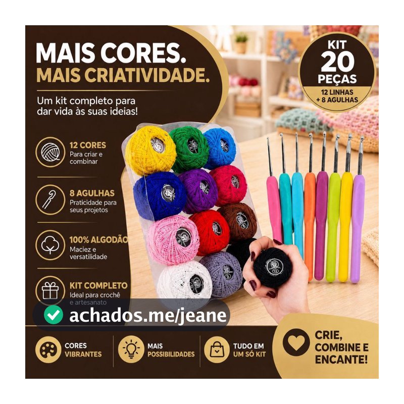 Kit Crochê Completo 12 Linhas Coloridas 100% Algodão + 8 Agulhas Ergonômicas Amigurumi Iniciante -BN