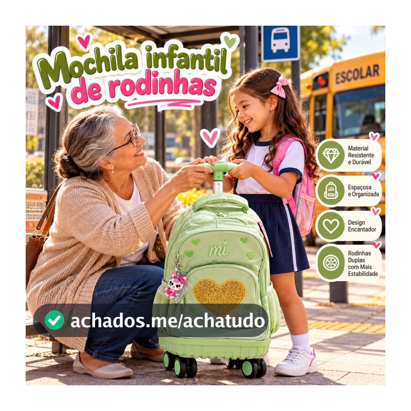 Mochila Escolar Infantil Feminina De Rodinhas 360° Coração