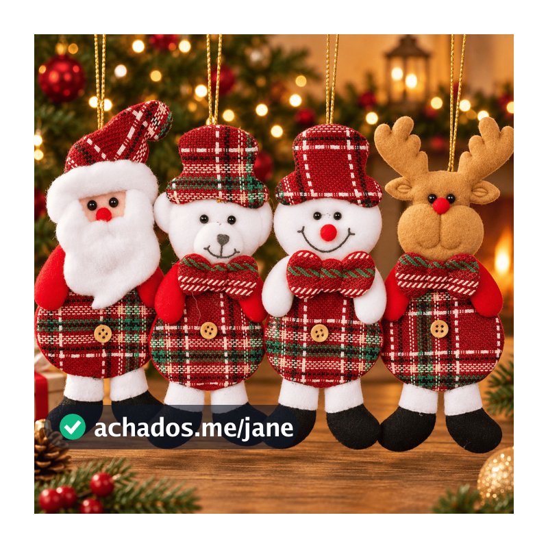 Kit 12 Enfeites Natalinos de Pelúcia 13cm  para Árvore de Natal Papai Noel Alce Urso Boneco de Neve