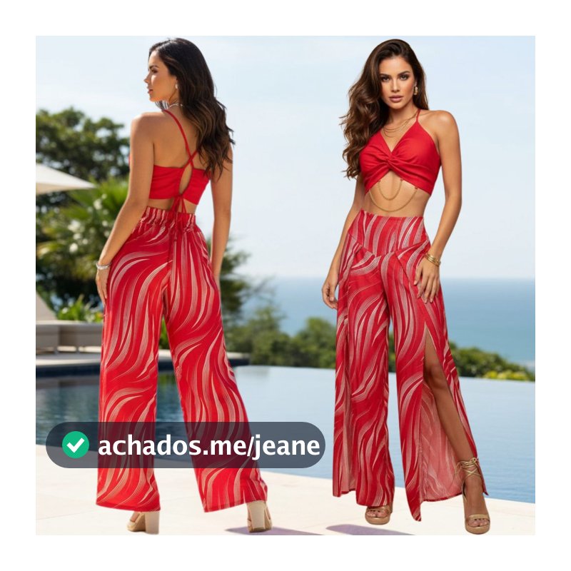 Conjunto Pantalona com Fenda na Frente + Cropped com Corrente ideal para Festas.s