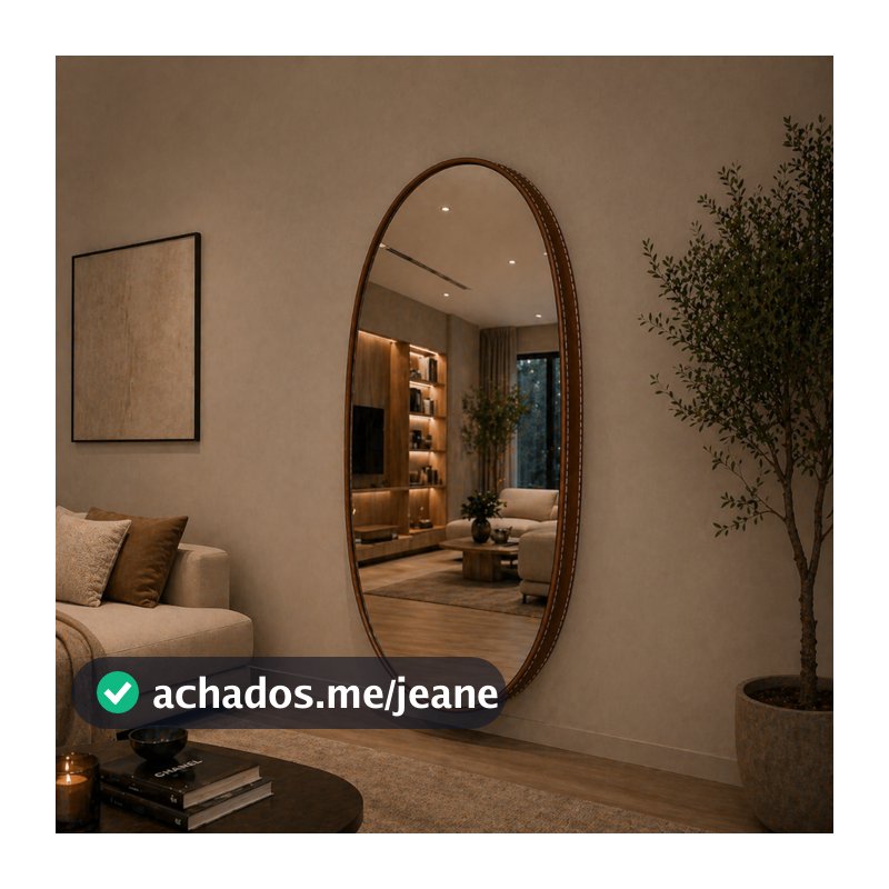 Espelho Oval 80x50 cm com Moldura em Couro Decorativo para Sala Quarto Banheiro Lavabo e Penteadeira