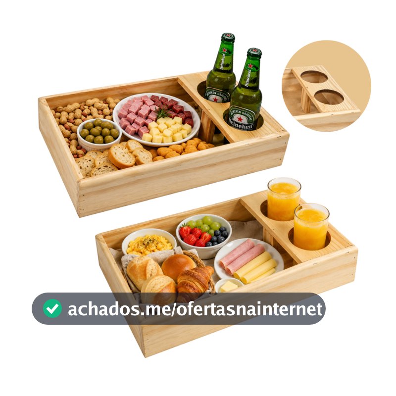 Bandeja para Café da Manhã Suporte Suco Petiscos Cerveja Copo Sofá Long Neck 30x20x6 Madeira Rústico