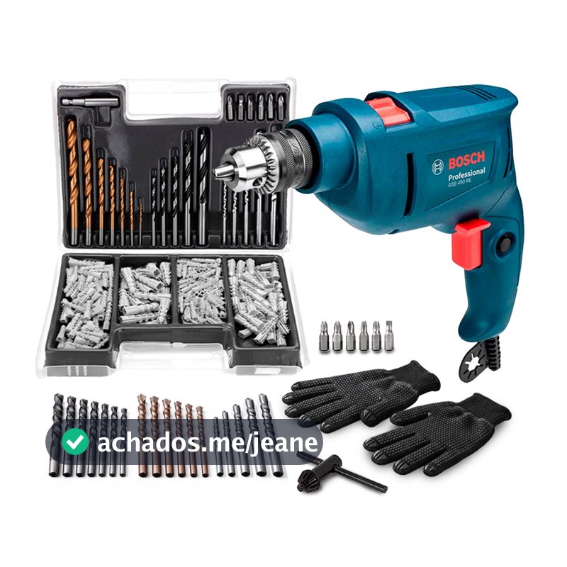 Furadeira De Impacto GSB 450 RE STD Bosch 450w + Kit Maleta Com 300 Pçs E Acessórios