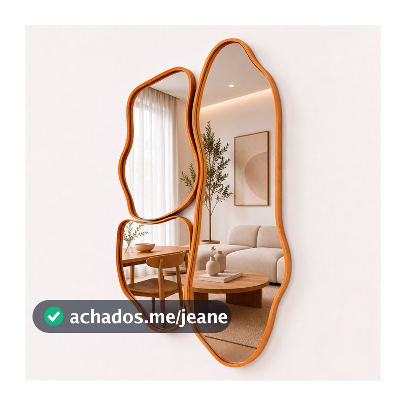 Espelhos Assimétricos Slim Decorativos Amadeirados Orgânicos Cinamomo c/ Suporte 100cm 60cm 40cm