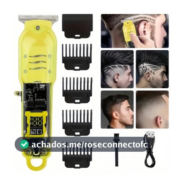 Cortador de Cabelo Profissional Sem Fio com Display LCD Inteligente e Barbeador Transparente para Homens