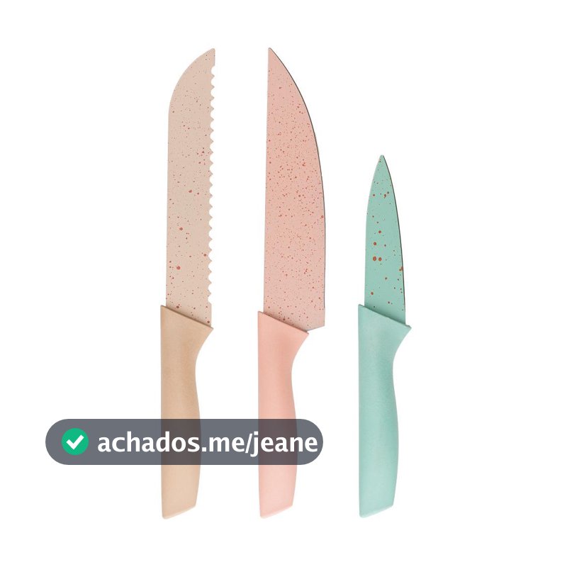 Kit 3 Facas Slice Colorido 24cm Aço Inox Lyor para Cozinha Cortar Fatiar Frutas Legumes Carnes Pães Uso Prático Lar
