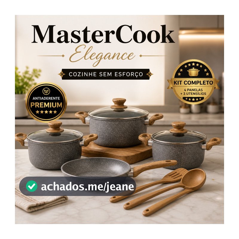 Kit Panelas Antiaderente 4 Peças + Utensílios Cozinha Completo MasterCook Elegance Set Revestimento Premium Fácil Limpez