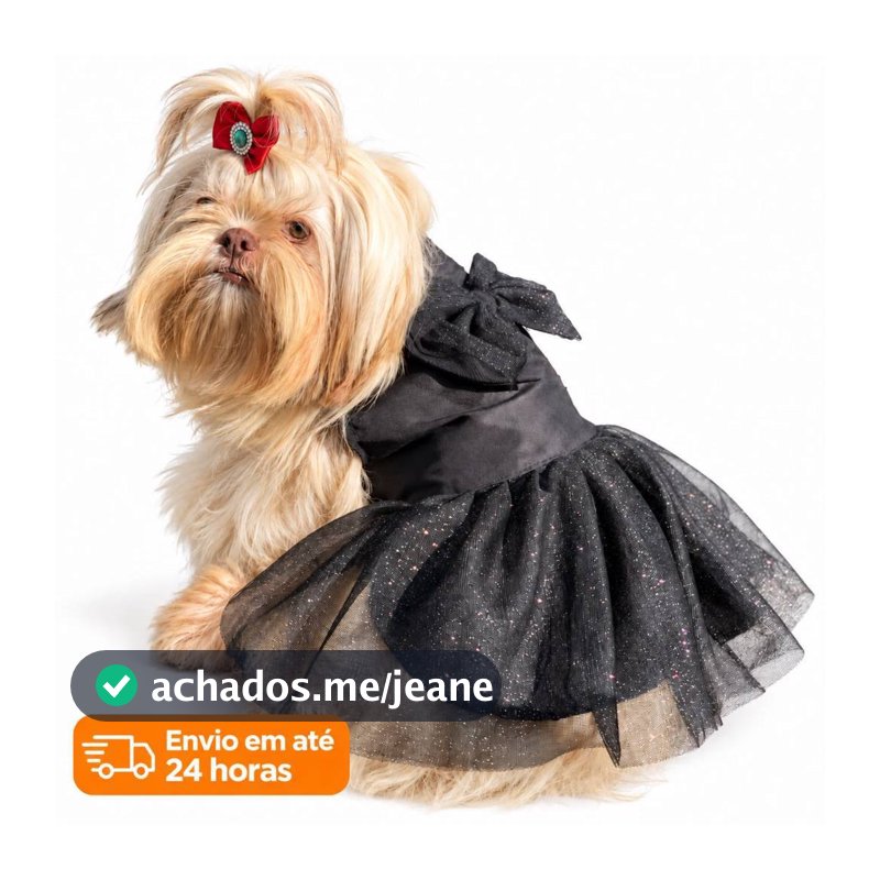 Fantasia Pet Halloween Vestido para Cachorro Shih Tzu Fêmea - Preto com Tule e Laço