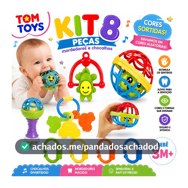 Kit Mordedor para Bebê brinquedo Sensorial Silicone com Chocalho 2/4/8 Peças Coloridas