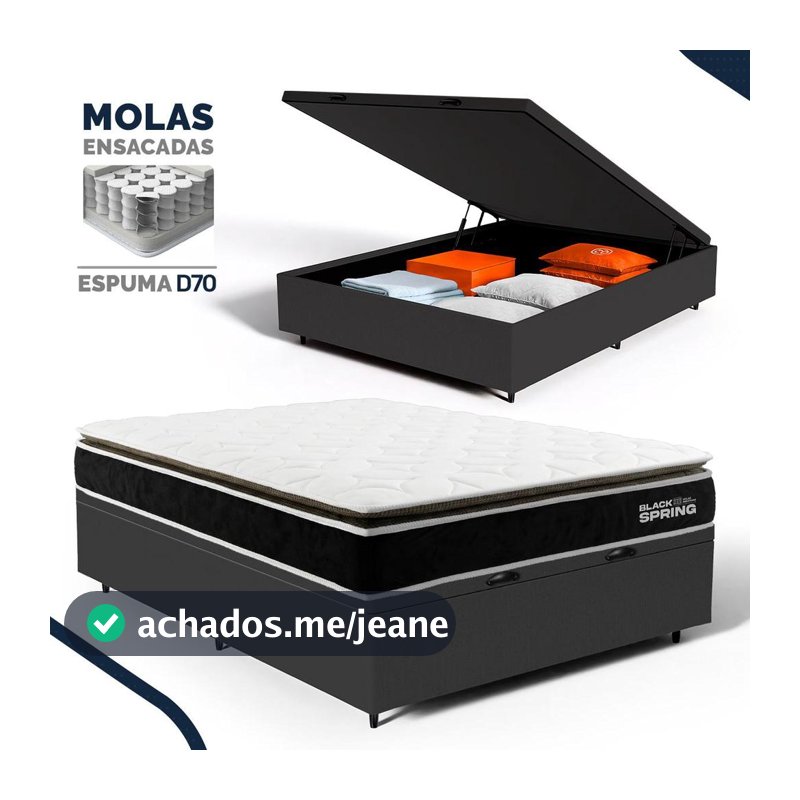 Cama Box Baú com Colchão de Molas Ensacadas Pillow Top Black Spring Topazio Casal 138cm