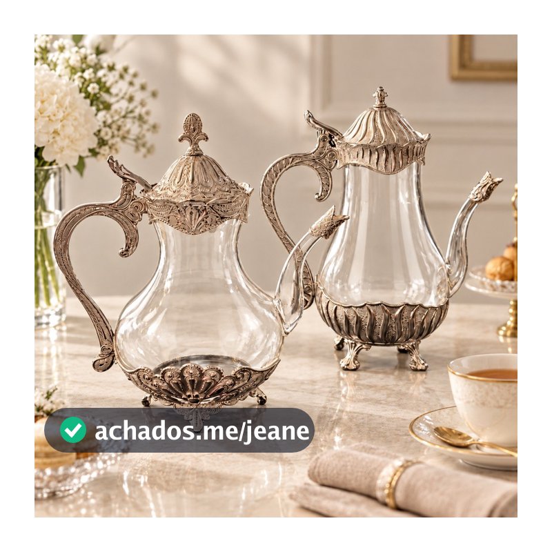 Kit Chaleira e Bule de vidro aluminio banhado em niquel e prata 2 peça