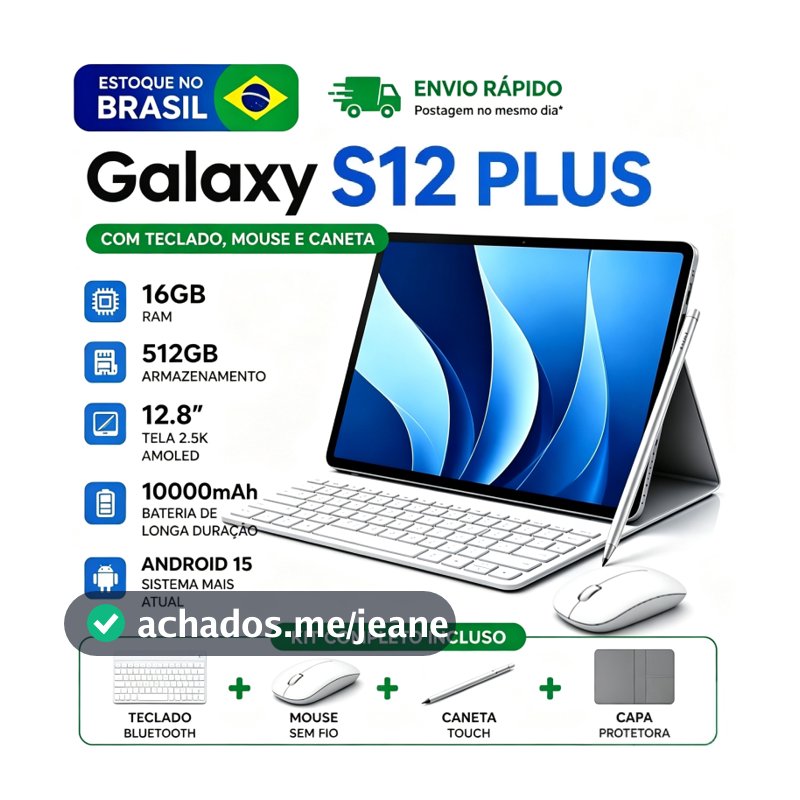 Tablet Galaxy S12plus16GB RAM +512GB HD 12,8 Polegadas Tela  Android 15 Dual SIM Card Câmera 48MP WIFI 5G 【10000mAh】