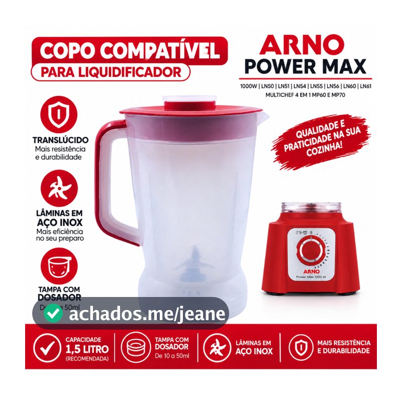 Copo liquidificador Arno Power Max LN50 / LN51 / LN54 / LN56 /LN60V/ LN61 / Multichef 7 em 1 MP74
