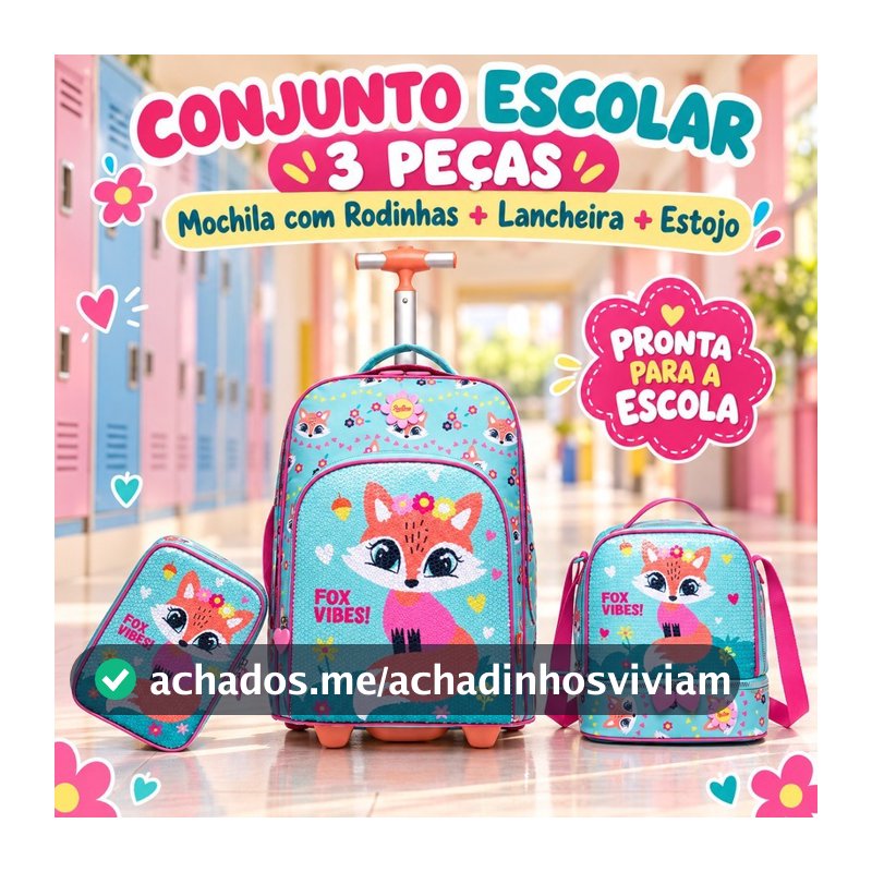 Kit Mochila Rodinhas Lancheira Estojo Polo One Infantil Escolar Feminina Espaçosa