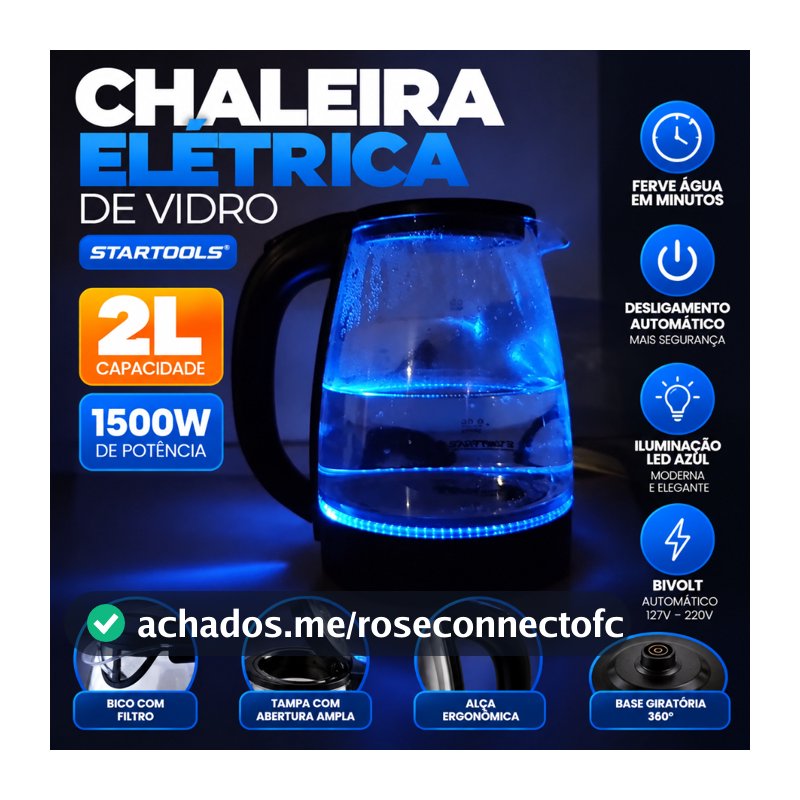 Chaleira Elétrica Vidro 2L Startools 1500W Desligamento Automático LED Manual Ferve Água Cozinha Casa