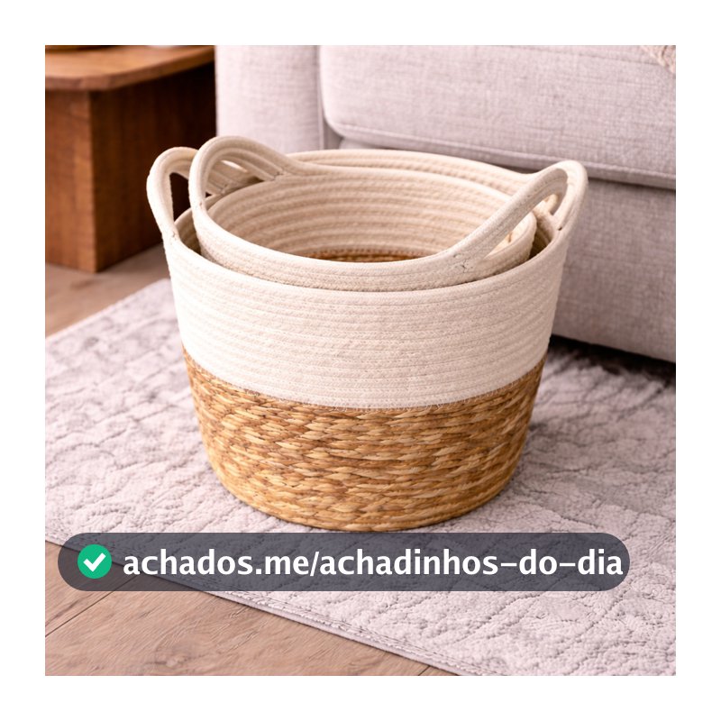 Cesto Decorativo Organizador Fibra Natural Bicolor C/ Alça Estilo Boho Sala Quarto Banheiro
